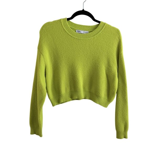 Zara Women S Lime Green Crew Neck Long Sleeve Soft Touch Cropped Knit Sweater - Picture 4 of 11